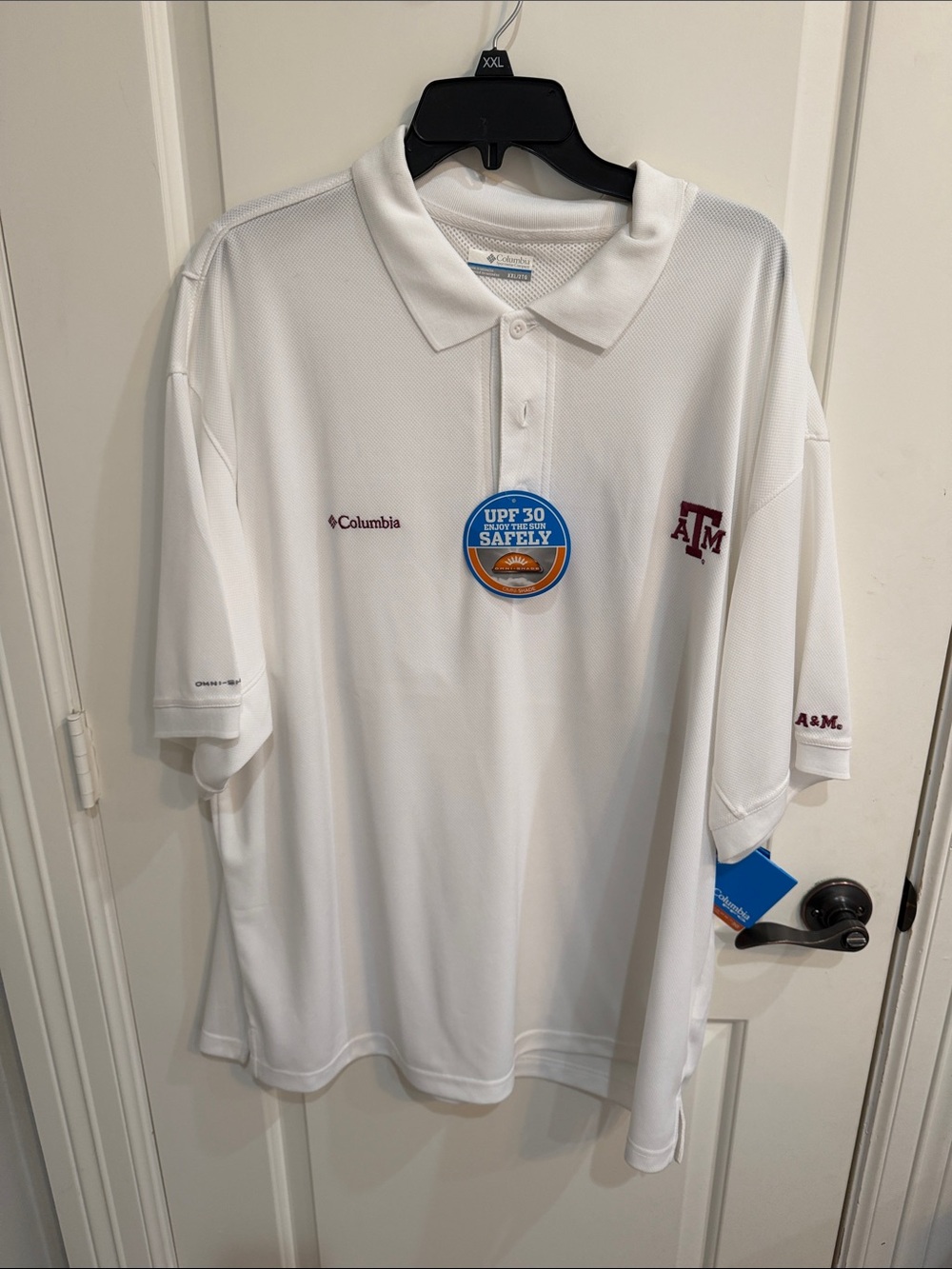 Columbia White Polo with Maroon Texas A&M Logos